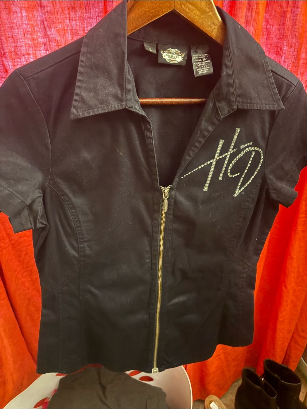 Harley Davidson Women’s Small Black Rhinestone Zip Front Shirt Y2K